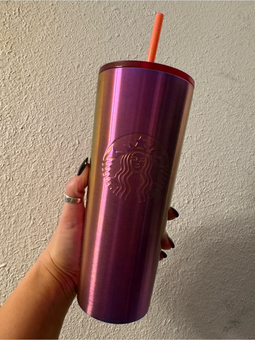 Starbucks Iridescent Pink Purple Tumbler with Orange Straw
